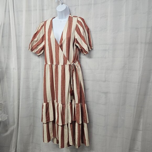 Knox Rose Red Cream Striped Wrap Midi Dress Cottagecore Boho Peasant M - Picture 5 of 11